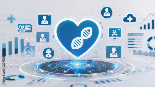 Telemedicine innovation background, virtual doctor consultation concept, smart healthcare ecosystem, cloud-based medical services, AI healthcare analytics, glowing blue holographic medical icons,