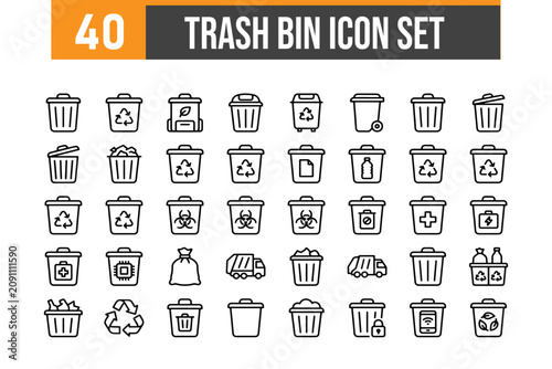 Set of 40 outline icons related to trash bin icon ,Linear icon collection, Vector Illustration