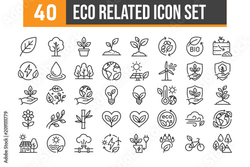 Set of 40 outline icons related to eco, Safe ,leaf. Nature, Linear icon collection, Vector Illustration 