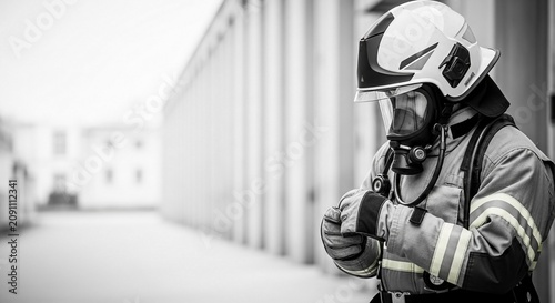 Monochrome Portrait of a Firefighter in Full Gear, Prepared for Duty in an Urban Setting