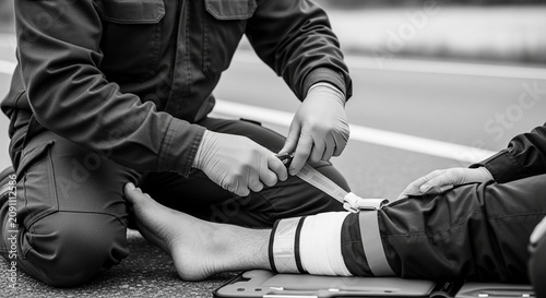 Paramedic applies emergency treatment to injured leg on roadside, showcasing life-saving medical care.