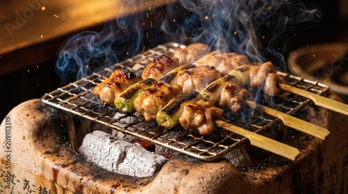 Close-up of traditional Japanese yakitori chicken and green onion skewers grilling over hot charcoal with smoke and sparks in a restaurant setting.