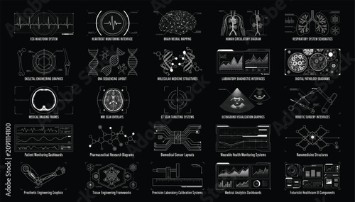 Advanced medical data visualization interface with anatomical diagrams and research metrics visualization interface research diagnostic futuristic technology clinical molecular structure