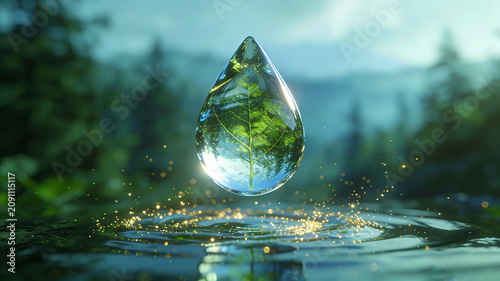 Crystal water drops seal fresh plant leaves, symbolizing the concept of essence raw materials extracted by plant extracts and natural moisturizing repair
