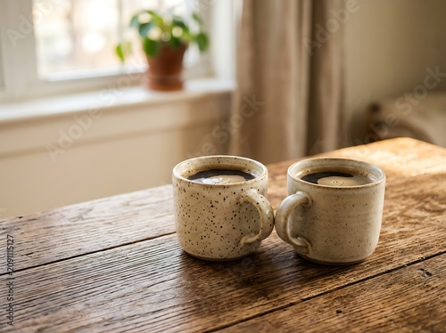Two coffee cups on a wooden table