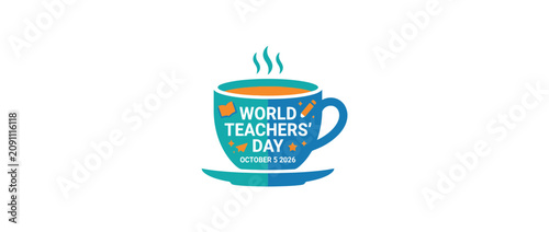 A stylized blue coffee cup graphic celebrating World Teachers Day with educational icons.