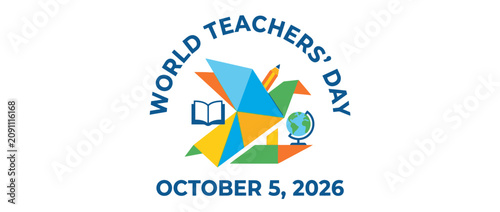 World Teachers Day commemorative graphic design featuring a colorful origami bird and educational icons.