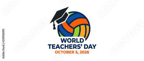 A colorful volleyball graphic featuring a graduation cap for World Teachers Day.