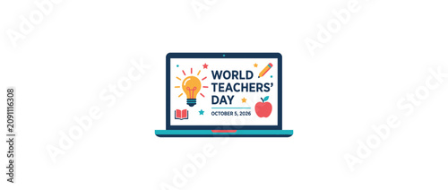 A laptop screen displaying a colorful World Teachers Day graphic design.