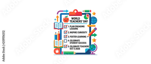 World Teachers Day checklist graphic with educational icons and text.