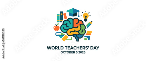 Colorful brain illustration celebrating World Teachers Day with educational icons.