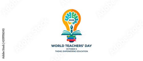 World Teachers Day graphic design featuring a stylized lightbulb brain and open book.
