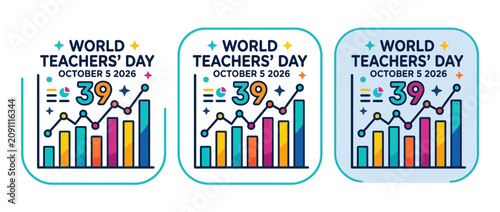 Three identical World Teachers Day graphic design labels with bar charts and line graphs.