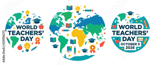 Three circular World Teachers Day graphic designs featuring world maps and educational icons.