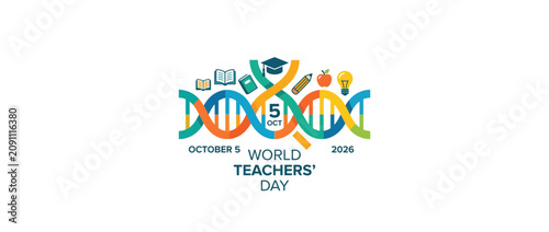 World Teachers Day 2020 celebration graphic with DNA helix and educational icons.