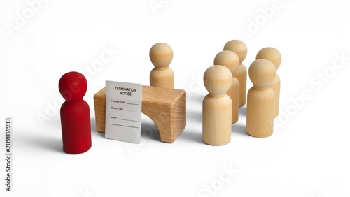 Cuadro en lienzo Corporate downsizing and employment termination concept with a red peg doll dismissed in front of coworkers