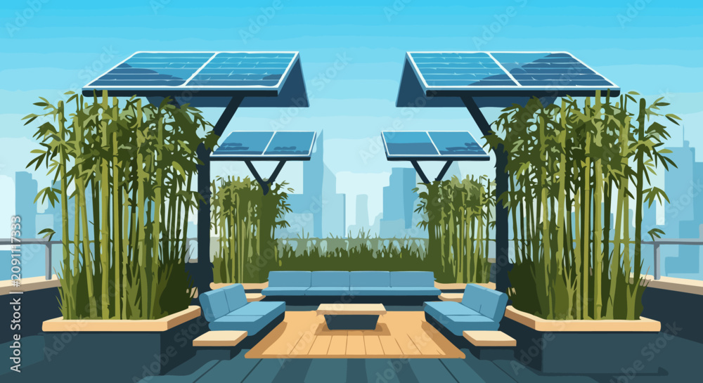 Fototapeta premium Rooftop terrace with bamboo plants and solar panels in modern city
