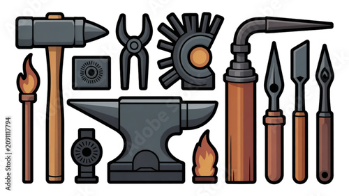Vászonkép Collection of vintage blacksmith tools and anvil on rustic wooden surface