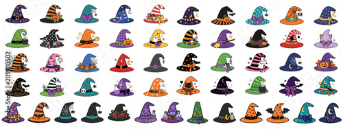 Halloween Hat Collection: A vibrant assortment of 60 unique Halloween witch hats, each adorned with festive patterns, whimsical details, and a touch of magical charm.