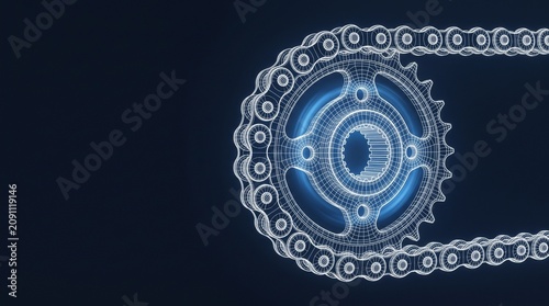 Motorcycle drive chain and sprocket wireframe on dark grid, engine blueprint, technical drawing, mechanical design