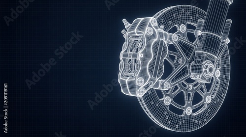 Motorcycle brake caliper and disc wireframe on blue grid, engine blueprint, technical drawing, engineering concept