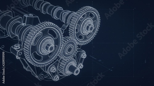 Engine timing gear cluster wireframe on blueprint grid, engine blueprint, technical drawing, precision mechanics