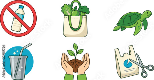 Fotografie No Plastic and Eco Friendly Icon Set with Prohibited Bottle Canvas Tote Turtle P