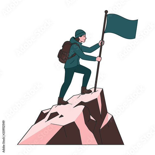 Hiker reaching mountain peak with flag illustration showcasing business success and achievement