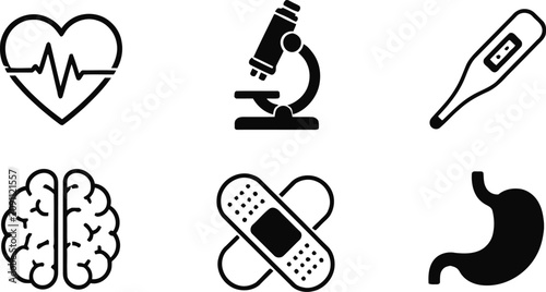Medical icons set with heart brain band aid