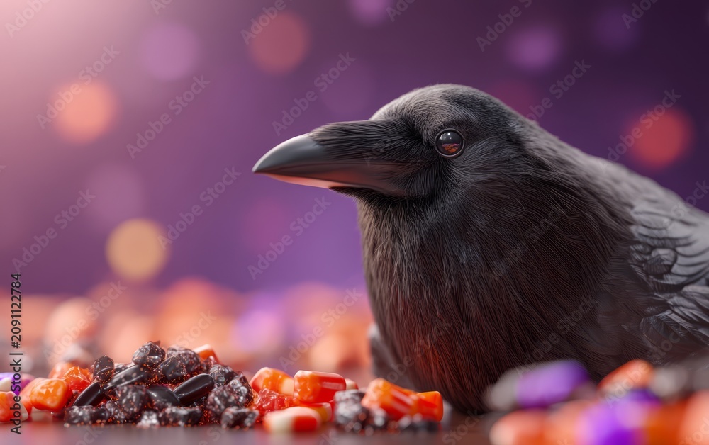 Fototapeta premium Raven and Licorice Candy Under a Mystical Moonlit Background