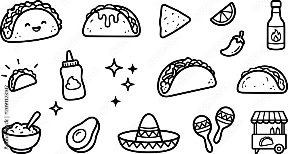 Fototapeta premium Cute Mexican Food and Taco Vector Doodle Set Featuring Smiley Tacos Nacho Chip Avocado Sombrero and Hot Sauce Sticker Icons