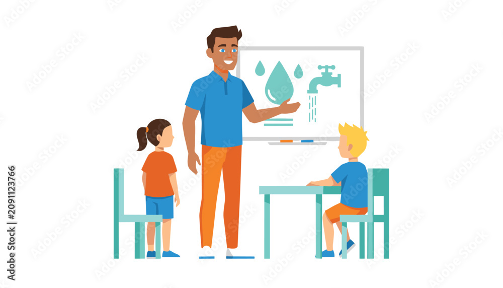 Fototapeta premium Teacher explains the importance of water conservation using a whiteboard diagram to a boy and a girl in a classroom educational setting.