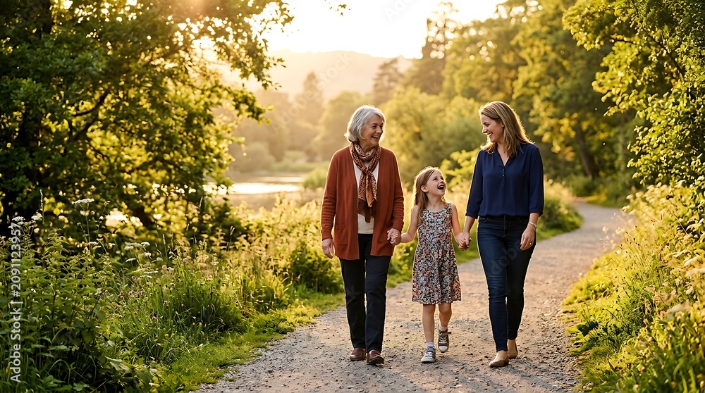 Obraz premium Embracing Multigenerational Messaging A Family's Joyful Stroll Through Nature