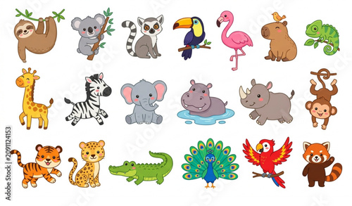 Photography Cute Exotic Animal Cartoon Characters Vector Set Isolated on White