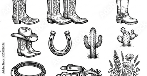 Obraz na płótnie cowboy, boots, western, ranch, rodeo, hat, silhouette, leather, country, cactus,