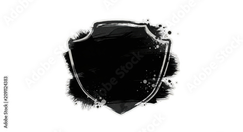 Abstract shield emblem with distressed paint strokes and ink splatters for protection or security concept Isolated on transparent background