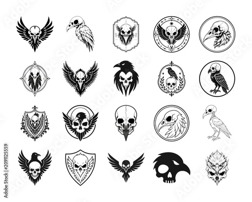 Photography engraved raven skull crest with wings in bold monochrome circular badge design o