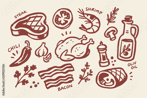 Obraz na plátně Meat and Cooking Ingredients Set Naive Doodle Vector Illustration