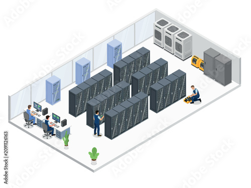Isometric data center room with server racks and engineers isolated on white background, Vector, illustration
