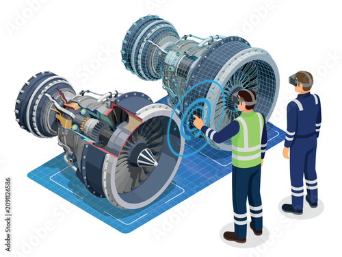 Engineers using vr glasses to inspect airplane jet engine isolated on white background, Vector, illustration