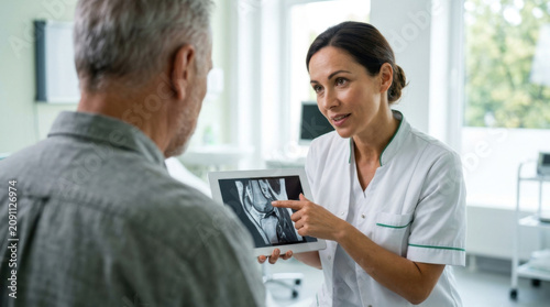 Doctor Explaining Medical Scan Results On Tablet To Patient