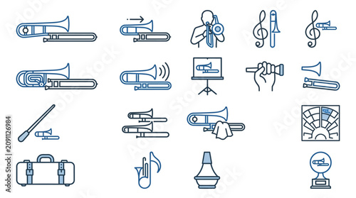 Foto Minimalist Blue Line Art Icons Set Featuring Trombone Music Notes Microphone and