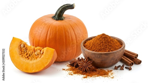 Pumpkin spice ingredients with whole and cut pumpkin