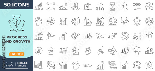 Fotografie Progress and growth icon set in line style