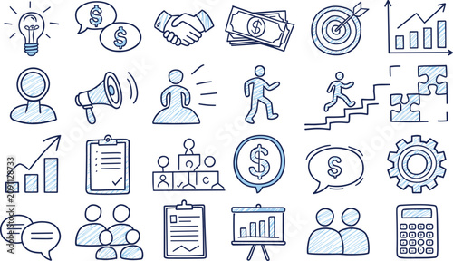 Business and finance icon set with hand drawn sketch blue doodle style for corporate marketing and startup strategy design