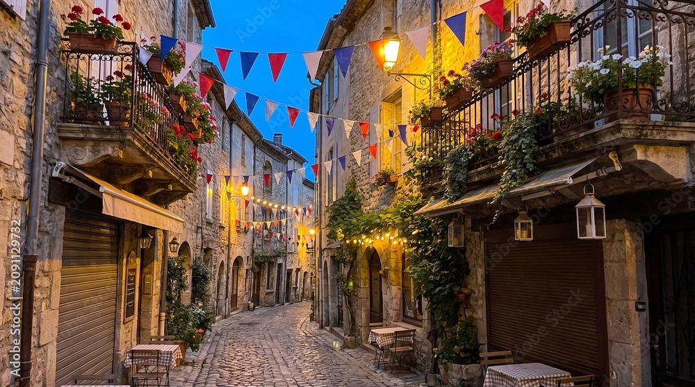 Fototapeta premium Picturesque medieval european cobblestone street adorned with colorful festive bunting flags and warm glowing lanterns digital illustration