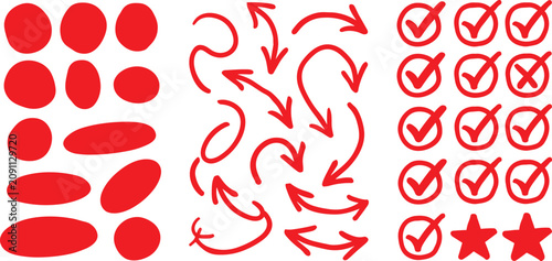 Foto Red hand drawn correction mark set with arrow circle check mark cross and star d