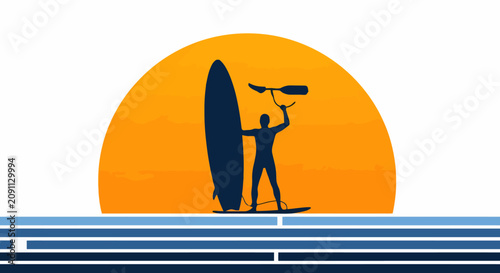 Surfer silhouette riding a wave during a bright sunset on the ocean