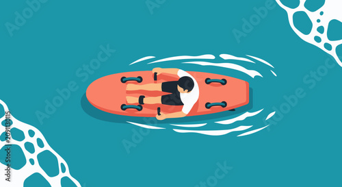 Top view illustration of hands on orange board in blue sea water
