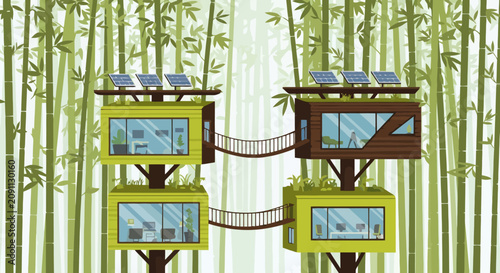 Sustainable green office pods with solar panels in bamboo forest.